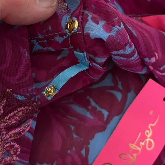Lilly Pulitzer embroidered kaftan Burgundy/ blue size L/XL , full nude slip nwt - Picture 7 of 11